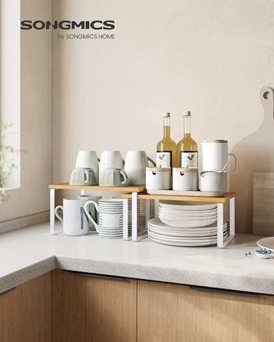 SONGMICS Cabinet Organizer Shelf, Set of 2 Kitchen Counter Shelves, Kitchen Storage, Spice Rack, Stackable, Expandable, Metal and Engineered Wood, Cloud White and Natural Beige UKCS02NW (Pack of 2) - color: Cloud White + Natural Beige, size: 11.7"w (Pack
