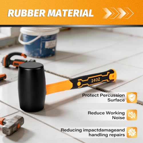 24 OZ Rubber Mallet Hammer, GIFT GLOVES. | Solid Head & Non-Slip Ergonomic Grip Handle, Soft Face Hammer For Woodworking, Flooring, Tiling, Camping and More - style: 24 OZ Rubber Mallet Hammer