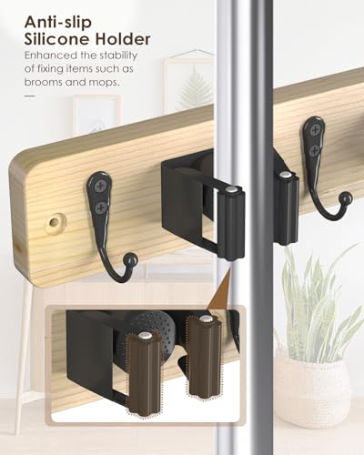 AceMining Light Wood Broom Holder Wall Mount, 4 Holders 4 Hooks Mop Holder - color: Light Wood, size: 1 Pack