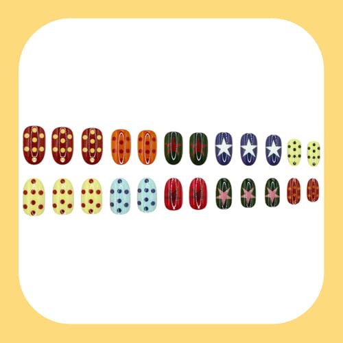 Short Almond Press On Nails Colorful with Y2K Star Polka Dots - color: Style5