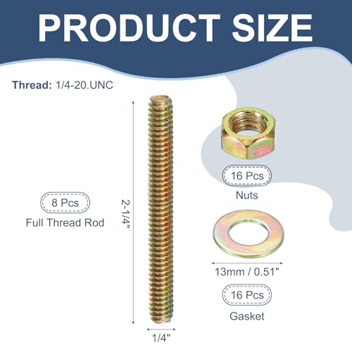 PATIKIL 1/4" x 2-1/4" Color Zinc Fully All Thread Rod, 8 Pcs Carbon Steel Long Threaded Screw Stud Bolts for Furniture Garden Mounting Assembly Fastening - size: 1/4" x 2-1/4"