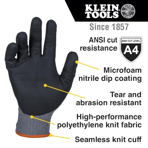 Klein Tools 60590 Work Gloves, Knit Dipped Cut Resistant ANSI A4 Nitrile Coated Gloves, HPPE Fabric, Touchscreen Capable, X-Large, 2-Pair - style: X-large