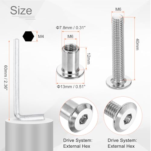 HARFINGTON 10 Set M6x40mm Hex Drive Socket Cap Bolt and M6x12mm Nuts with M4 Hex Wrench, Furniture Connector Bolts and Screws for Furniture Countersunk Belt, Silver - size: M6x40mm, M6x12mm