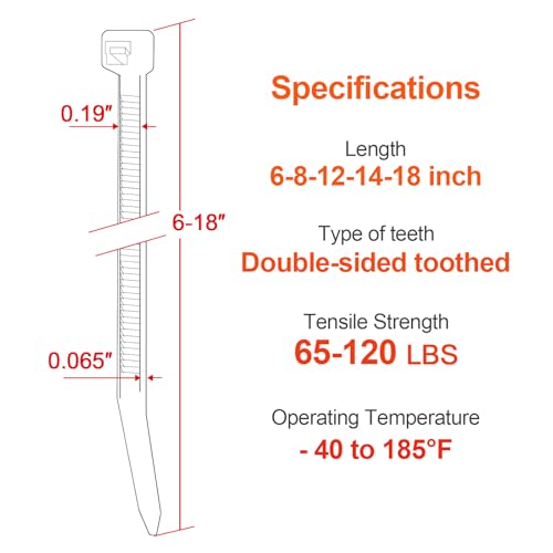 Zip Ties Assorted Size,500 Pack,6+8+12+14+18 Inch Double Sided Toothed,120 LBS Tensile Strength Heavy Duty Cable Wire Ties Self-Locking Adjustable Durable Nylon Tie Wraps for Indoor Outdoor White - size: 6+8+12+14+18 inch 500Pack（100 Lbs）