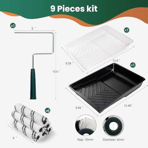 9 Pcs 6 Inch Microfiber Paint Roller Kit - size: 6 Inch Paint Roller Kit, 9pcs