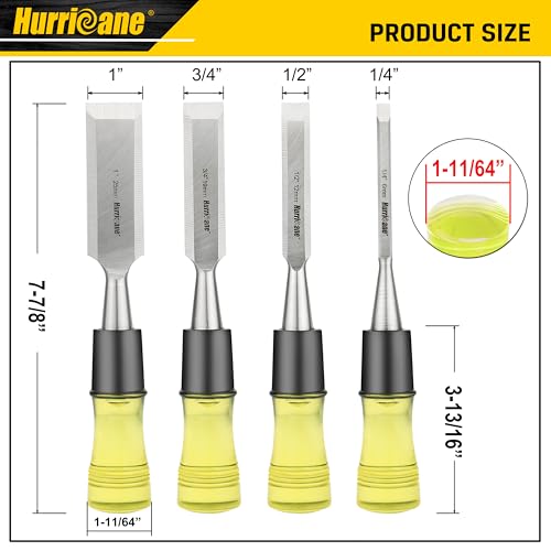 HURRICANE 4 Piece Wood Chisel Set for Woodworking. CR-V Steel Beveled Edge Blades with Safety Caps. Extra Large Grip, Impact-Resistant PVC Handle Chisels (1/4", 1/2", 3/4", 1") - size: Extra Large Size Grip