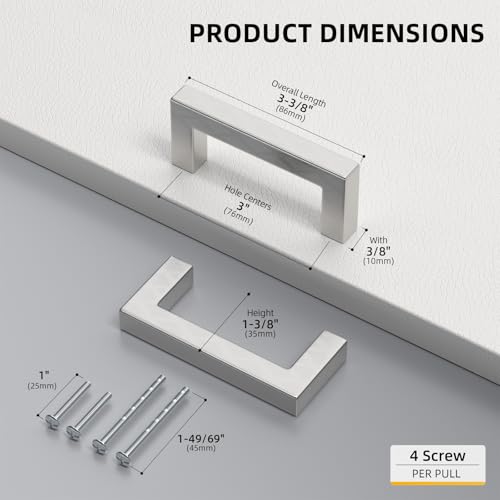 Goldenwarm Brushed Nickel Cabinet Pulls 20 Pack 3 Inch, Square Drawer Handles, Stainless Steel, Screws Included, Silver Kitchen Hardware for Cupboard Closet Furniture Upgrade - size: 3In(76MM) Hole Centers