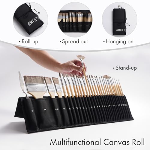 ARTIFY 30 Pieces Professional Paint Brush Set – Expert Series Synthetic Nylon Brushes for Acrylic, Oil, Watercolor, Gouache – No Shedding, Canvas Roll Case & Palette Knife, Artist Gifts Art Supplies - color: Wooden