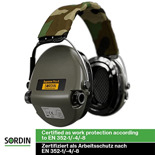 Sordin Supreme PRO X SOR75302-X-G-S - Active Adjustable Ear Muffs - Hearing Protection - Gel Seals - Camo Canvas Headband and Green Cups
