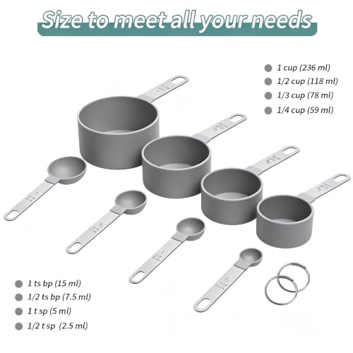 Measuring Cups Set Measuring Spoons Set, Nesting Measure Cups with Stainless Steel Handle, For Measuring Dry and Liquid Ingredients Small Teaspoon with Plastic Head (Grey) - color: Gray