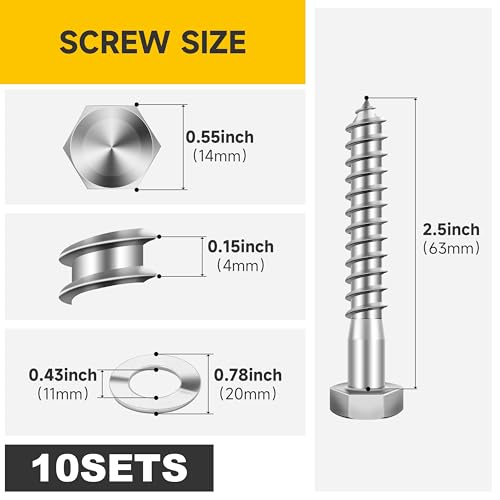 Mywish (10Sets) 3/8" x 4" Hex Head Lag Bolts, Heavy Duty Lag Screws with Washers, 304 Stainless Steel Bolts 18-8, Lag Screws Wood Screws, Partial Thread Bright Finish, 3/8 Bolt - size: 3/8 x 2-1/2" (10 set)