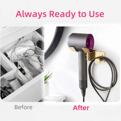 Hair Dryer Holder, HairDryer Holder Wall Mounted, Self Adhesive Blow Dryer Holder, Stainless Steel Hair Dryer Holder, Hairdryer Holder for Bathroom Gold BANJEKT - color: Gold Hair Dryer Holder
