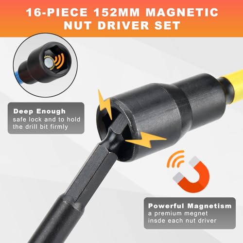 AEROFORCE 16PCS Magnetic Nut Driver Set for Impact Drill, 6 Inch Extra Long Nut Drivers with Sturdy Tool Box, SAE/Metric 1/4" Hex Shank Socket Set for Drill, DIY and Repair Car - size: 16PCS Long Magnetic Nut Driver Set
