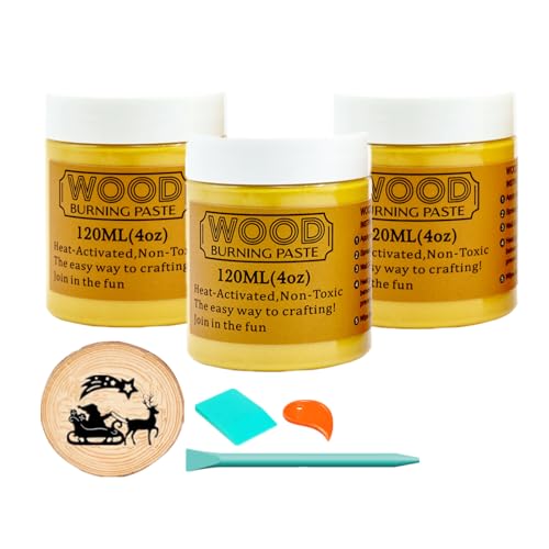 JAJADO 3 Jars Wood Burning Paste with 2 Squeegee, 4 OZ Wood Burning Gel Etching Cream Heat Activated Paste for Craft Wood Slice, Denim, Canavas, Wood Burning Marker Pen DIY Art Craft Tool - color: 3+2 Wood Burning Kit