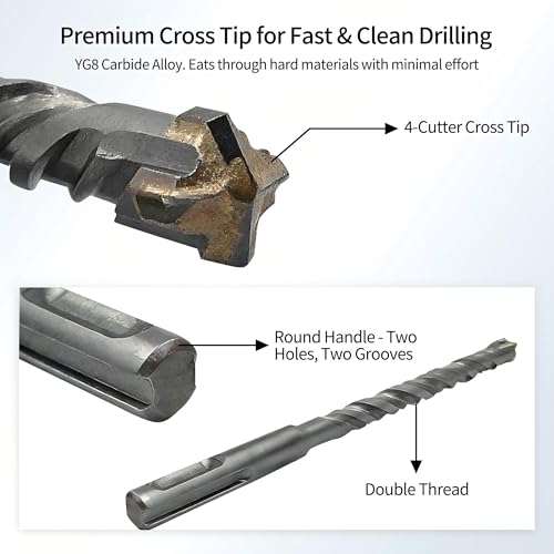 SDS Plus Masonry Drill Bit Set, 7pcs 6.3in (160mm) Rotary Hammer Drill Bits with Storage Case 4-Cutter Cross Tip Double Thread Tungsten Steel Concrete Drill Bit for Concrete, Brick, Stone, Walls