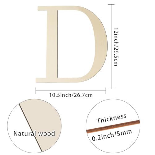 12 Inch Large Wooden Letters D for Wall Decor Unfinished Wood Letter Cutout | Paintable Alphabet Letter for DIY Wood Crafts Project 1/5 Inch Thick Cutouts Birthday Wedding Party Home Name Sign Decoration - color: D