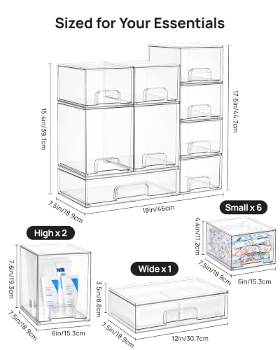 Vtopmart Clear Stackable Storage Drawers Set of 9, Plastic Organizer Bins - style: 6 Small+2 High+1 Wide
