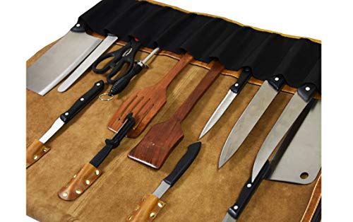 Aaron Leather Goods Vendimia Estilo Leather Knife Roll Storage Bag, Elastic and Expandable 10 Pockets, Adjustable/Detachable Shoulder Strap, Travel-Friendly Chef Knife Case Roll (Caramel, Leather) - color: Caramel