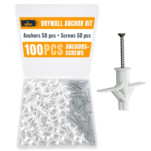ALBO Drywall Anchor Kit Hollow Wall with Screws 100 pcs. (White Anchor 50pcs + Screws 50pcs) Plastic Hollow Wall Drilling Anchors - color: White 50pcs