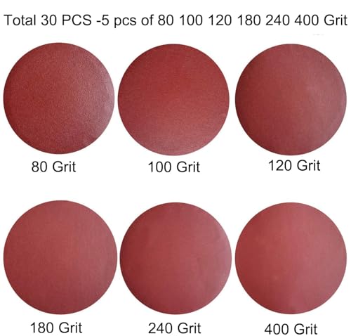 30 Pack 8" PSA Sanding Discs Set - 5 Each of 80, 100, 120, 180,240, 400 Grit - 8 Inch Self Adhesive Stickyback Sandpaper Discs for Drywall, Floor, Woodworking, Metal