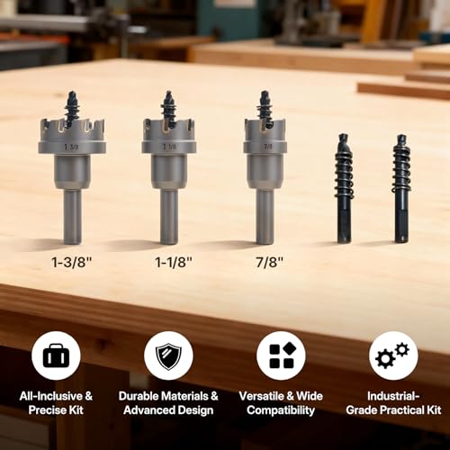 5PCS Carbide Hole Cutter Kit, Hole Saw Set with 2 Pilot Drill Bits & Aluminum Storage Case, 7/8", 1-1/8", 1-3/8" Metal Hole Saw Kit for Stainless Steel, Sheet Metal, Iron, Aluminum & Electricians