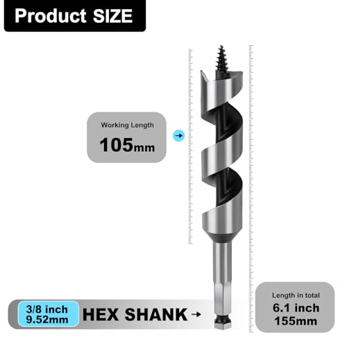 1-1/2" X 6.1" Auger Bit for Wood, 38x155mm Hex Long Auger Drill Bit | 3/8" Hex Shank,for Hard Wood,Ship, Composite Materials, Drywall and DIY Projects - size: 1-1/2" (38mm)diameter, style: 6.1 inch / 155mm Length