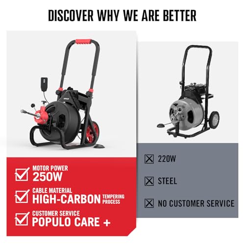 POPULO Drain Cleaner Machine 100Ft x 3/8 Inch, Root Killer, Auto feed Sewer Snake Auger on Wheels, Electric Drain Auger Professional for 1.5 to 3 Inch Pipes & Foot Switch with 8 Cutters - style: 100ft x 3/8inch