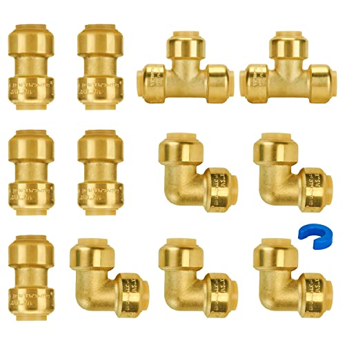 SUNGATOR Plumbing Fittings 1/2 Inch, Push Pex Fittings Set, Brass, 12-Pack - style: 5C+5E+2T, 12 Pack