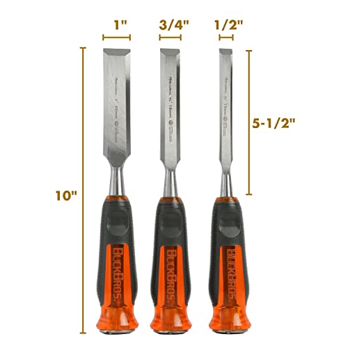 Buck Bros. 74830 3-Pc Wood Chisel Set, Full Tang Wood Chisel Sets, Woodworking Tools for Carpentry, Trim, and DIY Projects, Beveled Edge Chisels, Hardened Steel Blades, Non-Slip Handles - size: 1/2", 3/4", and 1"