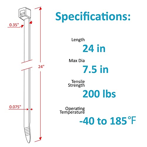 Long Zip Ties Heavy Duty 24 inch, Large Zip Ties with 200 lbs Tensile Strength, Big Cable Ties, Black, 250 Pack, by GAIIAN - size: 24" 200 lb (250 Pack)