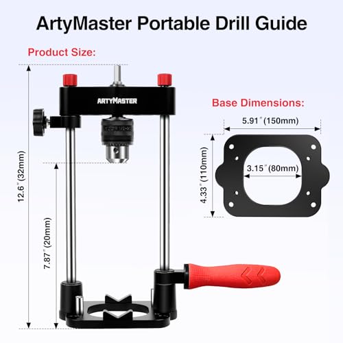 ArtyMaster Portable Drill Guide for Straight Holes – Precision Drilling Jig with Chuck Key, Drill Guide Attachment, Portable Drill Press Adapter for Woodworking, WT116A