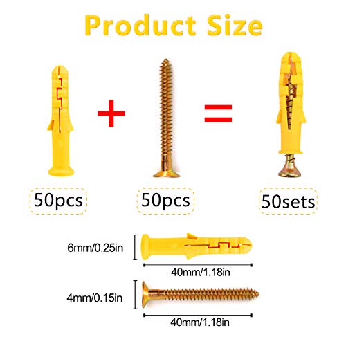 Drywall Anchor kit - Hollow Wall Anchors with Screws Assortment Kit, Self-Drilling Hollow Wall Anchor, for Drywall, Nylon Plastic,100PCS / 50Sets (Yellow 640mm)