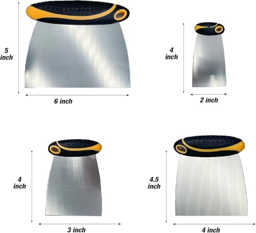 4-Piece Set of Stainless Steel Body Filler and Putty Spreaders/Scraper Set with Handles - Sizes: 2", 3", 4" and 6" | Repairing Drywall, Removing Wallpaper, Applying Putty, Plaster, Cement, Adhesive