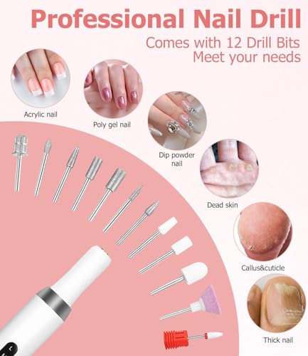 Nail Drill Kit,Nail File Cordless Nail Drill Machine for Gel Powder Nails,Professional Portable Manicure Pedicure Rechargeable Lightweight for Home Salon Use
