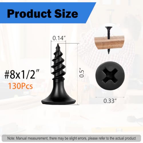 130Pcs Self-Tapping Black Wood Screws with Driver Bit, #8 x 1/2" - size: #8x1/2"