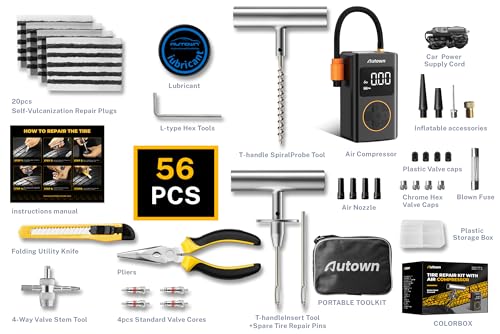 AUTOWN Flat Tire Repair Kit with Air Compressor, Professional Tire Plug Kit