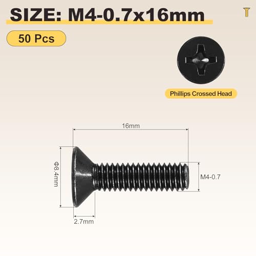 METALLIXITY M4-0.7x16mm Phillips Flat Head Bolts 304 Black 50Pcs - color: Black, size: M4-0.7x16mm