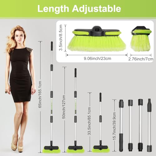 65”165cm Car Wash Brush Long Handle Soft Bristle Scrub Cleaning Mop with 4 Hand-held Places Extendable Washing Brushes Broom Kit for RV Boat Truck SUV Caravan Solar Panel House Siding,Sweep Snow