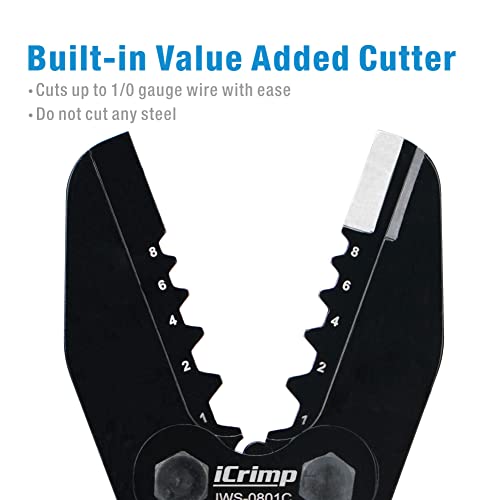 iCrimp Heavy Duty Copper Lug Crimping Tool, for AWG 8,6,4,2,1 Gauge Battery Cable Ring Terminal Ends with Built-in Cable Cutter - size: AWG8-1