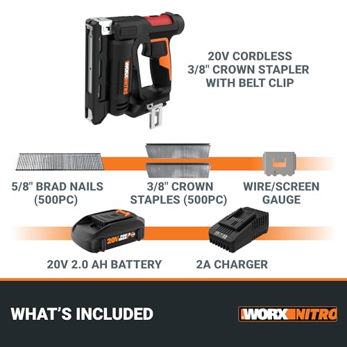WORX Cordless Crown Stapler, 20V 3/8-Inch 2-in-1 Nail Gun, WX843L - style: 3/8“ Crown Stapler Kit (Battery & Charger included)