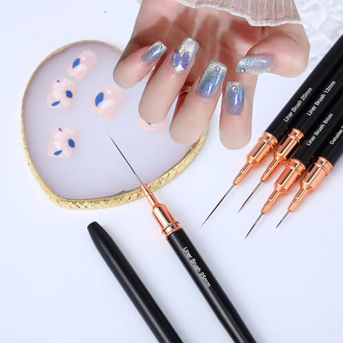 5 Pcs Metallic Nail Art Brushes Liner Brushes Set with Nail Art Mixing Palette Nails Dotting Drawing Tool for Long Lines Thin Detail Fine Liner Brush UV Gel Polish Painting Nails Design 4/8/12/20/25mm