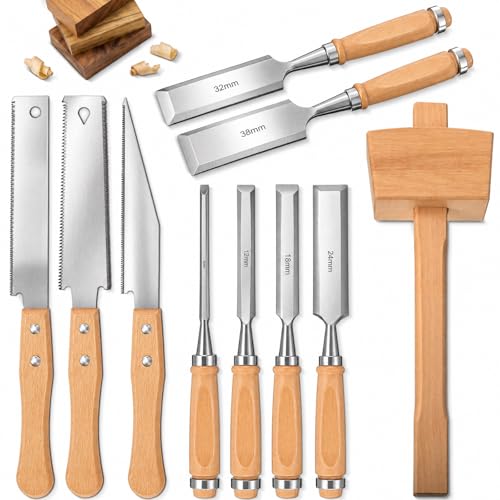 10 Pcs Woodworking Tools Set, Includes 6 Wood Chisel CR-V Steel Beveled Blades (1/4", 1/2", 3/4", 1", 1 1/4", 1 1/2"), 3 Japanese Hand Saws SK5 Blade & Solid Beech Mallet for Carpenter DIY