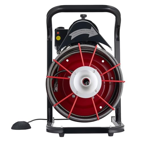 VEVOR 50FT x 1/2 Inch Drain Cleaning Machine, 250W Electric Drain Auger, Portable Sewer Snake Auger Cleaner with Cutters & Air-Activated Foot Switch for 1" to 4" Pipes, Black, Red - style: 50 FT x 1/2''