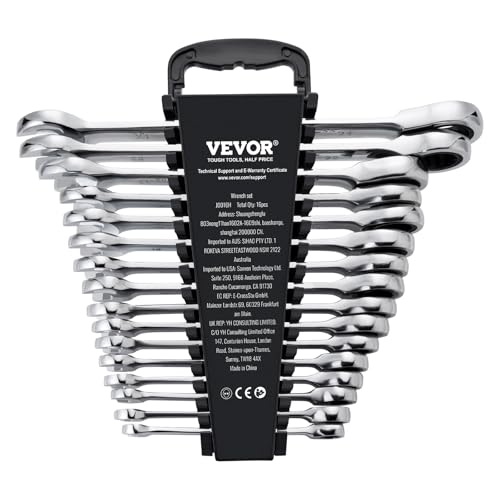 VEVOR Combination Wrench Set, 16-Piece Ratcheting Wrench Set with Organizer Rack, Cr-V Steel, Metric 8 mm to 24 mm, Ideal for General Household, Garage, Workshop, Auto Repairs, Emergency - size: 16PCS (Metric), style: Regular