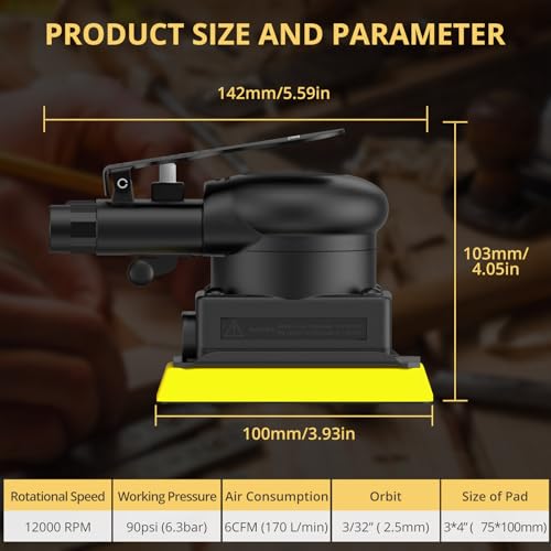 AMTOVL Pneumatic Random Orbital Sander – 3 x 4-inch Air Sander, 12000 RPM | Air Palm Sander with Variable Speed for Automotive Bodywork, Woodworking & Surface Finishing