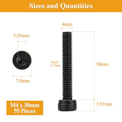 55 Pieces M4 x 30mm Socket Head Cap Screws, Thread Pitch 0.7mm, Sutemribor M4 Black Screws, 12.9 Grade Alloy Steel, Black Oxide Finish, Fully Threaded - size: M4 x 30mm, style: Socket Head