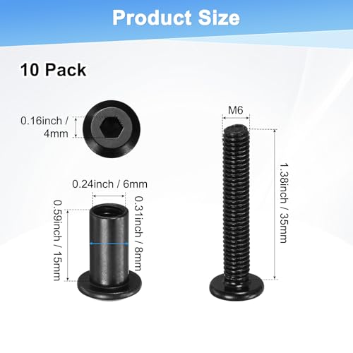 M METERXITY 10-Pack Hex Drive Socket Cap Bolt, M6 x 35mm Carbon Steel Furniture Connector Bolts Barrel Nuts for Furniture Assembly/Cabinet/DIY Binding Post Screws Rivet Fasteners [Black] - size: M6 x 35mm