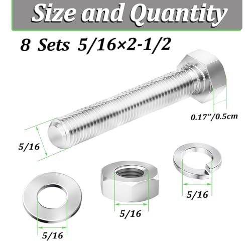 8 Sets 5/16-18 x 2-1/2" Stainless Steel Hex Head Screws Bolts, Flat, Nuts & Lock Washers,Hex Bolts 18-8(304) Full Thread - color: Silver, size: 5/16-18 x 2-1/2"（8 Sets）