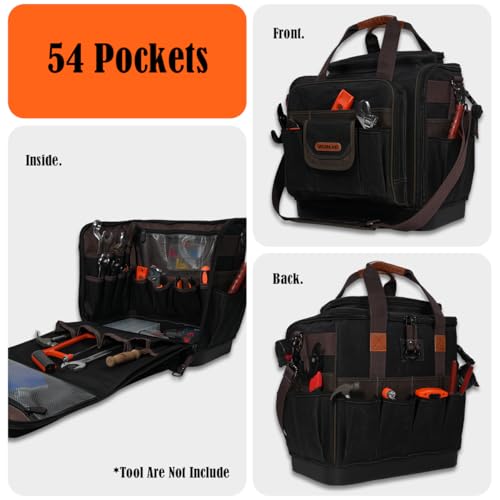 WELKINLAND 54Pockets Electrician Tool Bag, Waterproof Hard Bottom Tool Bag | Wax-Canvas Heavy Duty Tool Bags, 50L Tool Bag Hvac Technician, Work Tool Bag For Men, Technician Tool Bags, Plumber Tools Bag