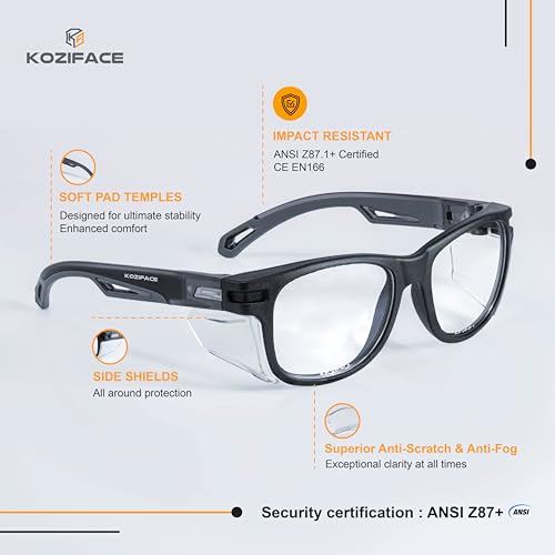 KOZIFACE E52 Anti-Fog Safety Glasses, ANSI Z87.1 Eye Protection with Side Shields, Clear Lens, Lightweight for Work, Lab DIY - color: Black